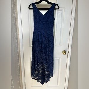 Navy Blue Women’s Elegant Floral Lace Dress Sleeveless Crew Neck Hi-Lo Cocktail